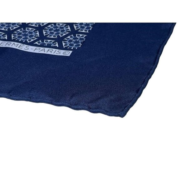 HERMES PARIS Blue Equestrian Horse Bit Pattern 100% Silk Scarf Pocket Square - Picture 4 of 7